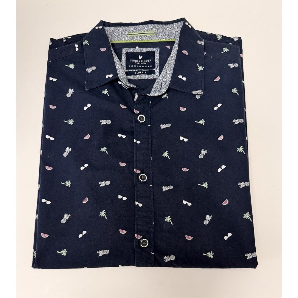 Denim & Flower Ricky Singh Slim Fit Summer Shirt 100% Cotton Dark Blue XL